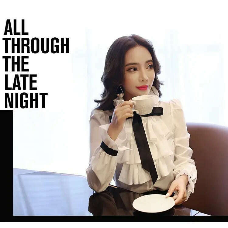 Vintage Ruffled Chiffon Blouse Women's Long Sleeve White Shirt Top for Eye Catching Style - KIMLUD