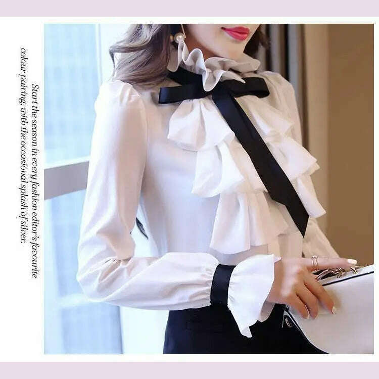 Vintage Ruffled Chiffon Blouse Women's Long Sleeve White Shirt Top for Eye Catching Style - KIMLUD