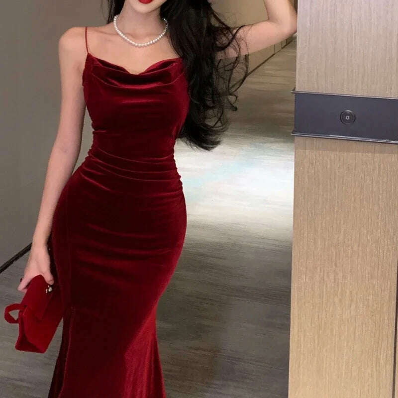 KIMLUD, Vintage Sexy Club Prom Red Dresses for Women Spaghetti Strap Slit Velvet Dress Beach Bandage Bodycon Midi Dress Party Elegant, Claret / S, KIMLUD Women's Clothes