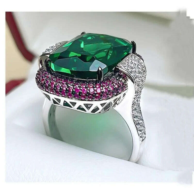 KIMLUD, Vintage Silver Color 12*16MM Ruby Emerald Rings for Women Wedding Bands Gemstone Cocktail Party Jewelry Female Anniversary Gifts, KIMLUD Womens Clothes