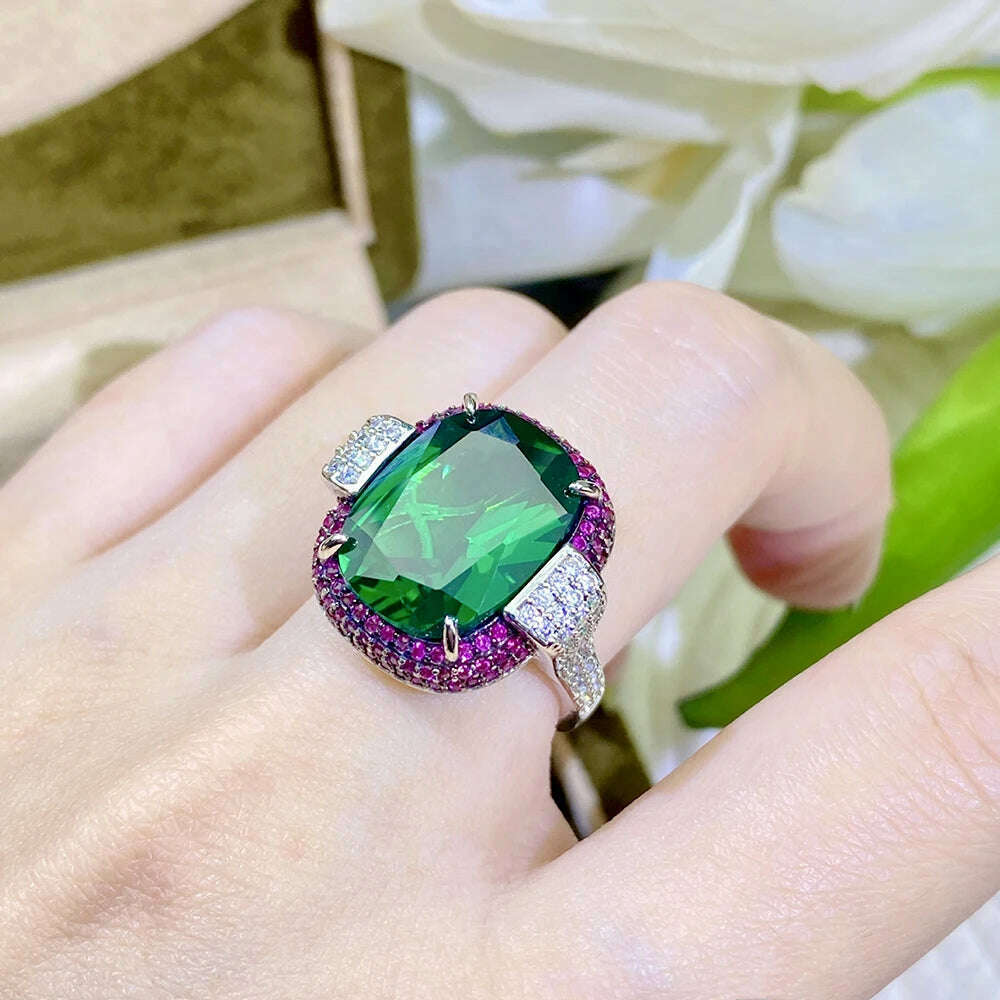 KIMLUD, Vintage Silver Color 12*16MM Ruby Emerald Rings for Women Wedding Bands Gemstone Cocktail Party Jewelry Female Anniversary Gifts, KIMLUD Womens Clothes