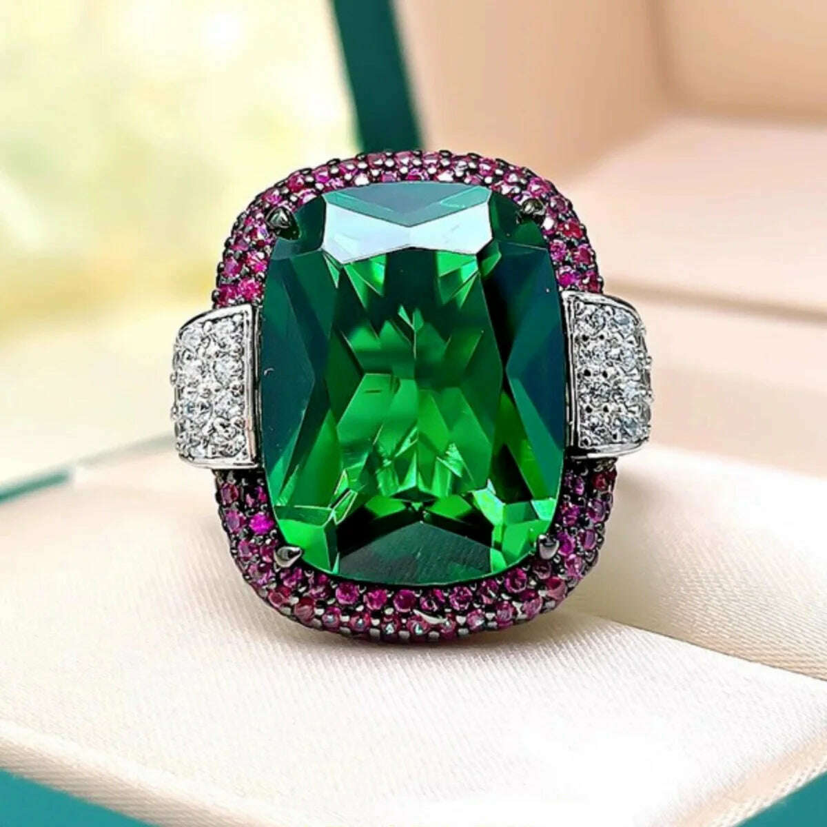 KIMLUD, Vintage Silver Color 12*16MM Ruby Emerald Rings for Women Wedding Bands Gemstone Cocktail Party Jewelry Female Anniversary Gifts, KIMLUD Womens Clothes