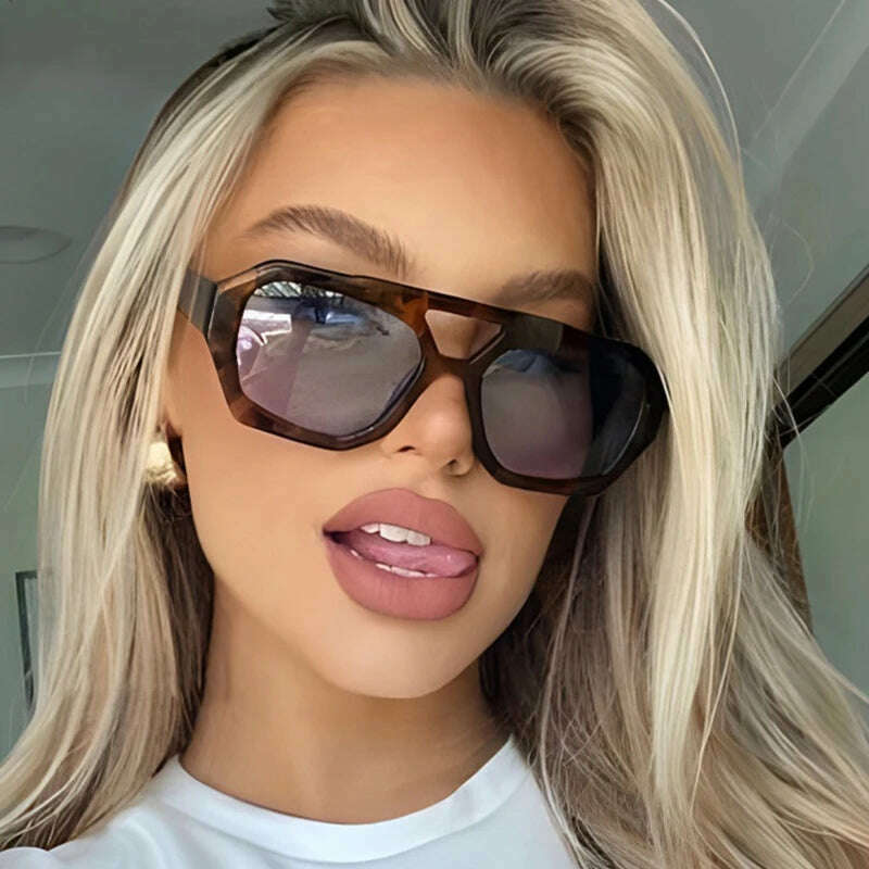 Vintage Square Sunglasses for Women Men Thick Frame Double Bridges Eyewear Female Fashion Chic Polygon Sun Glasses Leopard Blue - KIMLUD