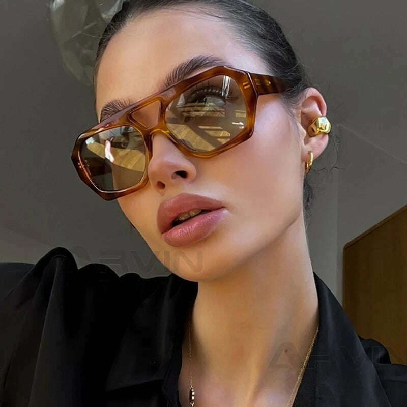Vintage Square Sunglasses for Women Men Thick Frame Double Bridges Eyewear Female Fashion Chic Polygon Sun Glasses Leopard Blue - KIMLUD