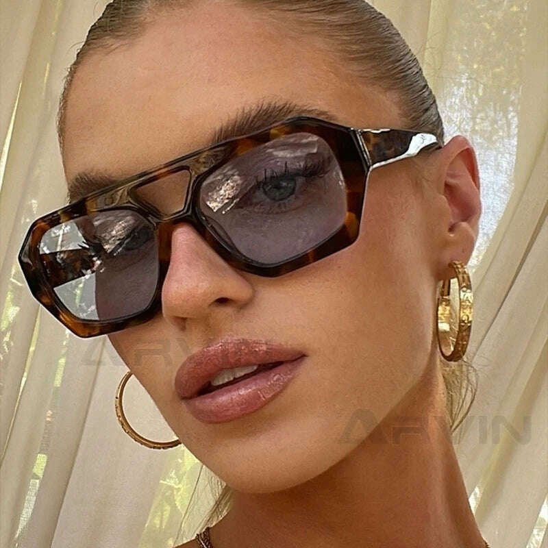Vintage Square Sunglasses for Women Men Thick Frame Double Bridges Eyewear Female Fashion Chic Polygon Sun Glasses Leopard Blue - KIMLUD