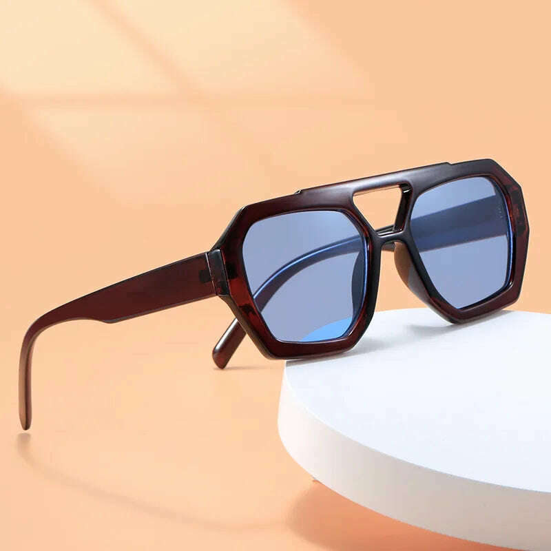 Vintage Square Sunglasses for Women Men Thick Frame Double Bridges Eyewear Female Fashion Chic Polygon Sun Glasses Leopard Blue - KIMLUD