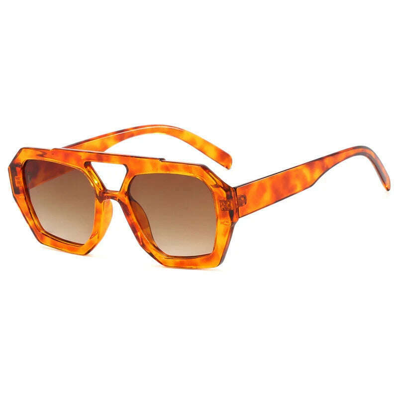 Vintage Square Sunglasses for Women Men Thick Frame Double Bridges Eyewear Female Fashion Chic Polygon Sun Glasses Leopard Blue - KIMLUD
