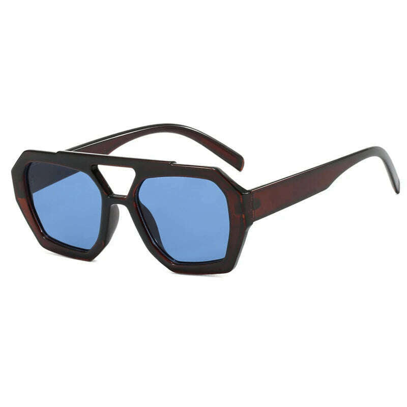 Vintage Square Sunglasses for Women Men Thick Frame Double Bridges Eyewear Female Fashion Chic Polygon Sun Glasses Leopard Blue - KIMLUD