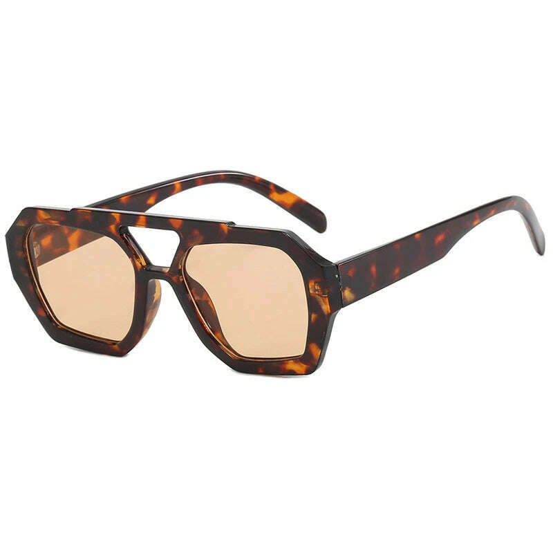 Vintage Square Sunglasses for Women Men Thick Frame Double Bridges Eyewear Female Fashion Chic Polygon Sun Glasses Leopard Blue - KIMLUD