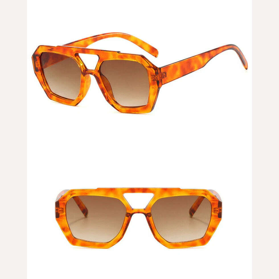 Vintage Square Sunglasses for Women Men Thick Frame Double Bridges Eyewear Female Fashion Chic Polygon Sun Glasses Leopard Blue - KIMLUD