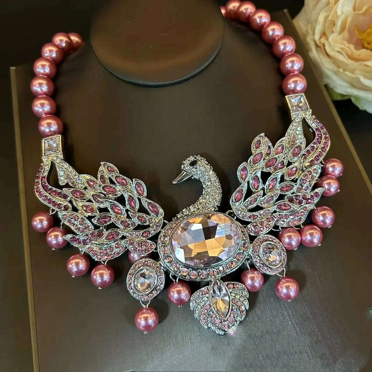 KIMLUD, vintage steed animal glass ruby earrings necklace high-end set, KIMLUD Womens ClothesKIMLUD, vintage steed animal glass ruby earrings necklace high-end set, pink necklace, KIMLUD APPAREL - Womens Clothes