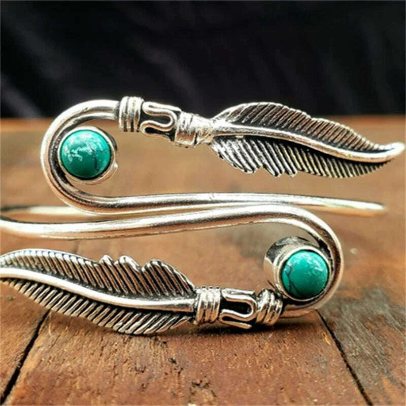 Vintage Style Natural Stone Bracelet Boho Women Feather Open Bracelet Featured Simple Fashion Holiday Party Gift Accessories - KIMLUD