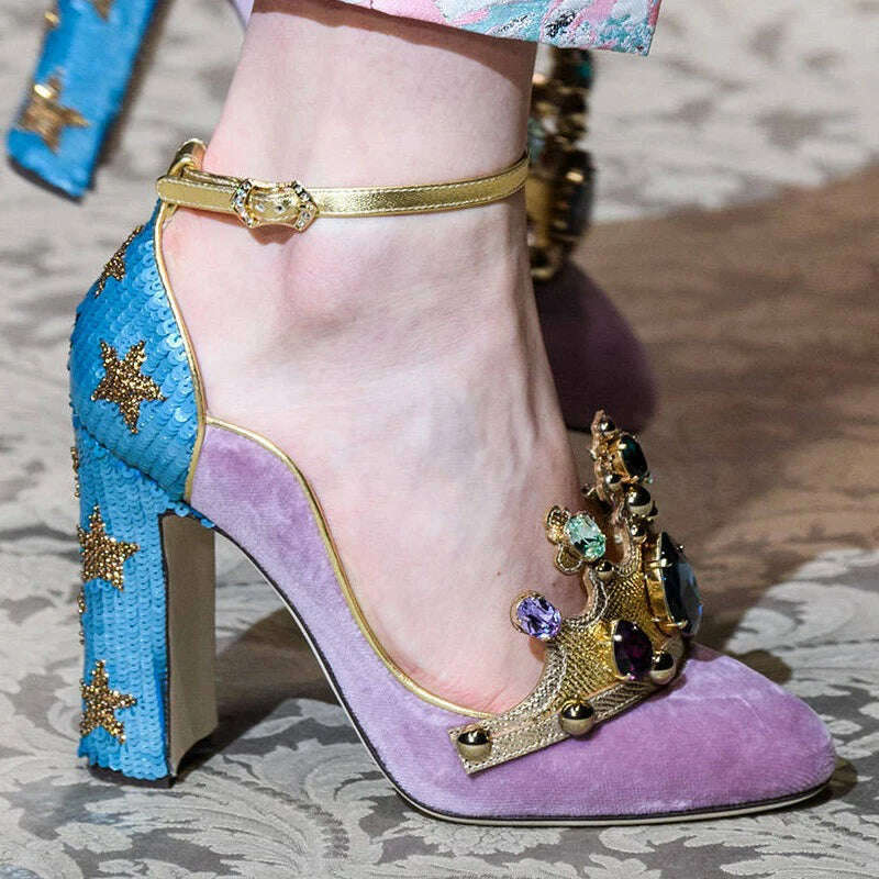 Vintage Suede Gemstone Crown Decoration Stitching Blue Sequin Star Cloth High Heels Pumps Rhinestone Buckles Thick Heel Shoes - KIMLUD