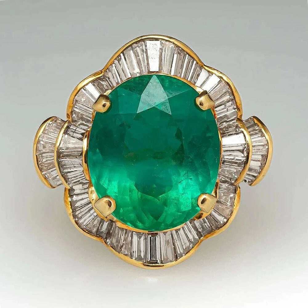 Vintage Temperament Inlaid Oval Synthetic Emerald Golden Rings for Women's Fashion Classic Banquet Festival Jewelry Accessories