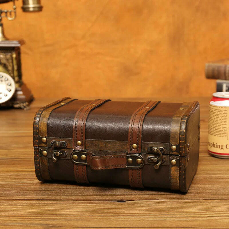 KIMLUD, Vintage Traveling Suitcase Wooden Storage Box Treasure Chest Script Props Box Photography Antique Wooden Box, KIMLUD Womens Clothes