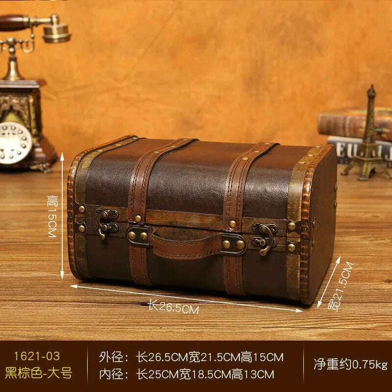 KIMLUD, Vintage Traveling Suitcase Wooden Storage Box Treasure Chest Script Props Box Photography Antique Wooden Box, Black-brown large, KIMLUD Womens Clothes