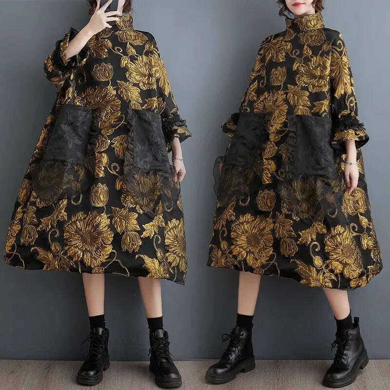 Vintage Trendy Women's Dress 2023 Autumn/Winter New Chinese Style Double  Layer Jacquard Coat Temperament Loose Fit Dress Z3929