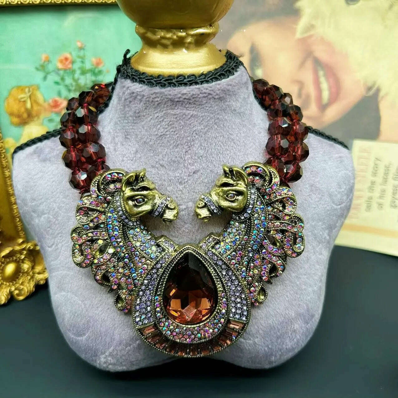 KIMLUD, vintage two-headed horse Drop exaggerated necklace earrings, KIMLUD Womens ClothesKIMLUD, vintage two-headed horse Drop exaggerated necklace earrings, necklace, KIMLUD APPAREL - Womens Clothes