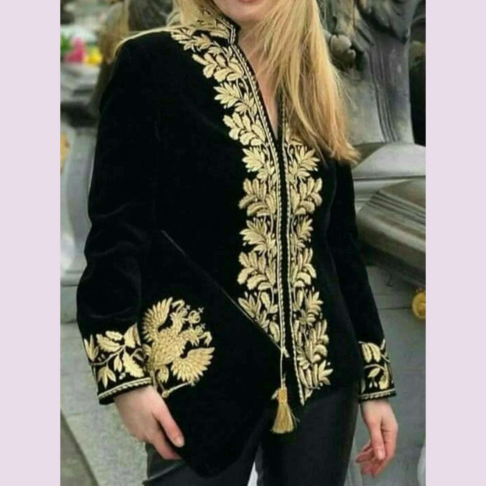 KIMLUD, Vintage Velvet Floral Printed Blouse for Women Stand Collar V-Neck Casual Long Sleeve Harajuku American Retro Shirts Tops 2025, KIMLUD Womens Clothes