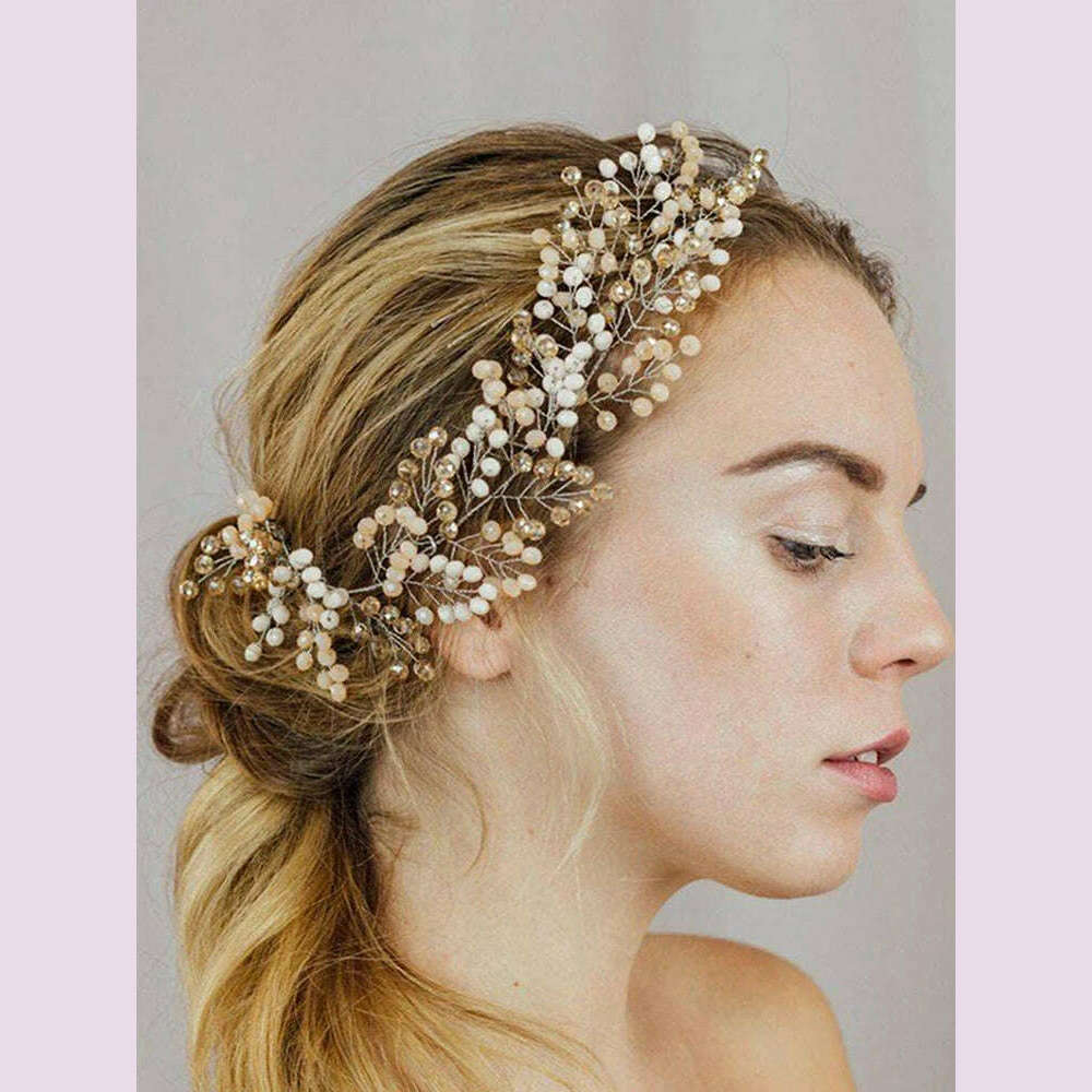 Vintage Wedding Headdress Crystal khaki Handmade Headband Party For Women Headpieces Bridal Headwear Hair Accessories For Bride - KIMLUD