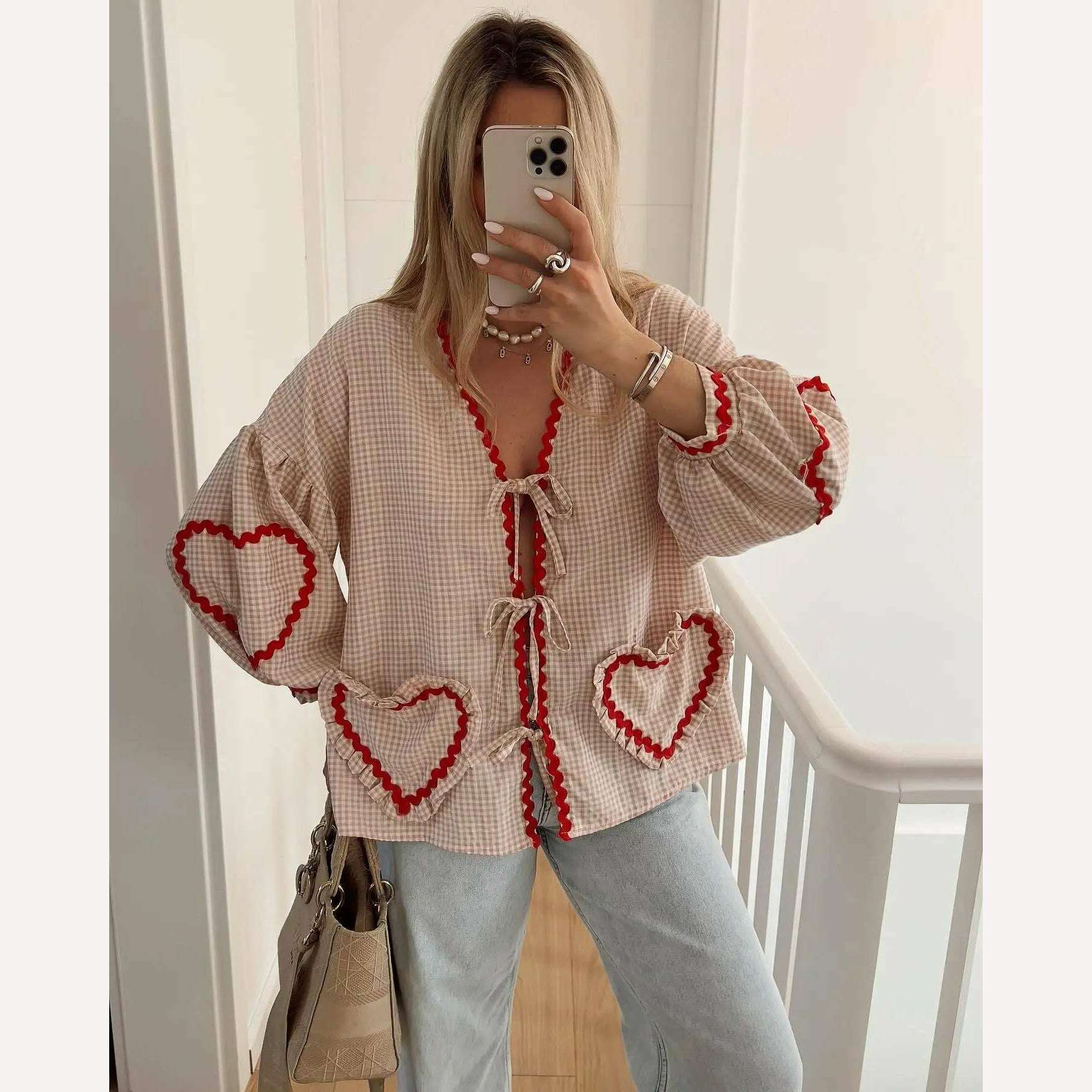 KIMLUD, Vintage Women Loose Heart Pockets Shirts 2024 Fashion Ladies Casual V Neck Bow Buttons Blouses for Female Chic Tops Clothes, KIMLUD Womens Clothes