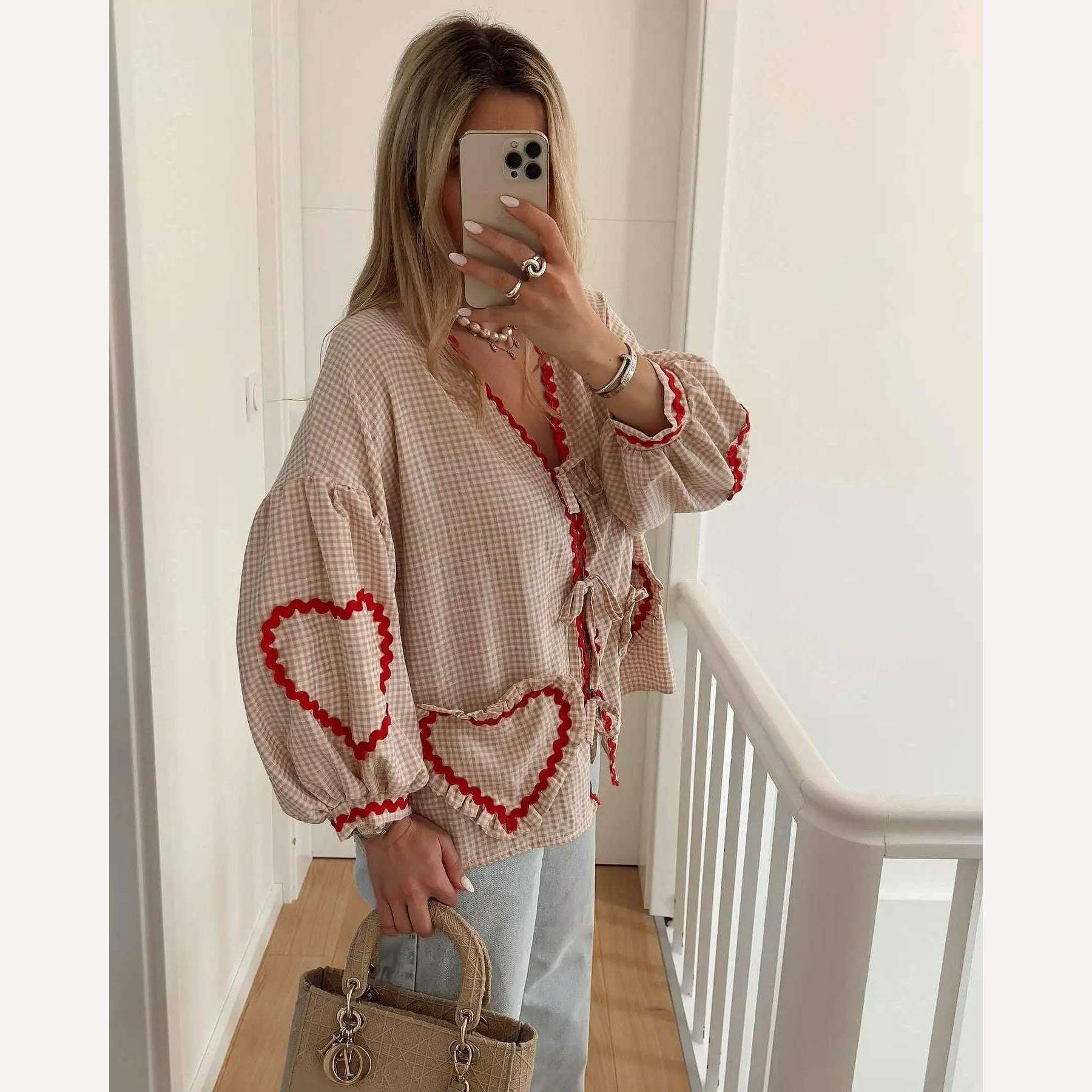 KIMLUD, Vintage Women Loose Heart Pockets Shirts 2024 Fashion Ladies Casual V Neck Bow Buttons Blouses for Female Chic Tops Clothes, KIMLUD Womens Clothes