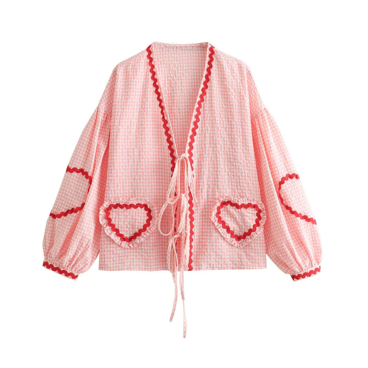 KIMLUD, Vintage Women Loose Heart Pockets Shirts 2024 Fashion Ladies Casual V Neck Bow Buttons Blouses for Female Chic Tops Clothes, PINK / S / CHINA, KIMLUD APPAREL - Womens Clothes