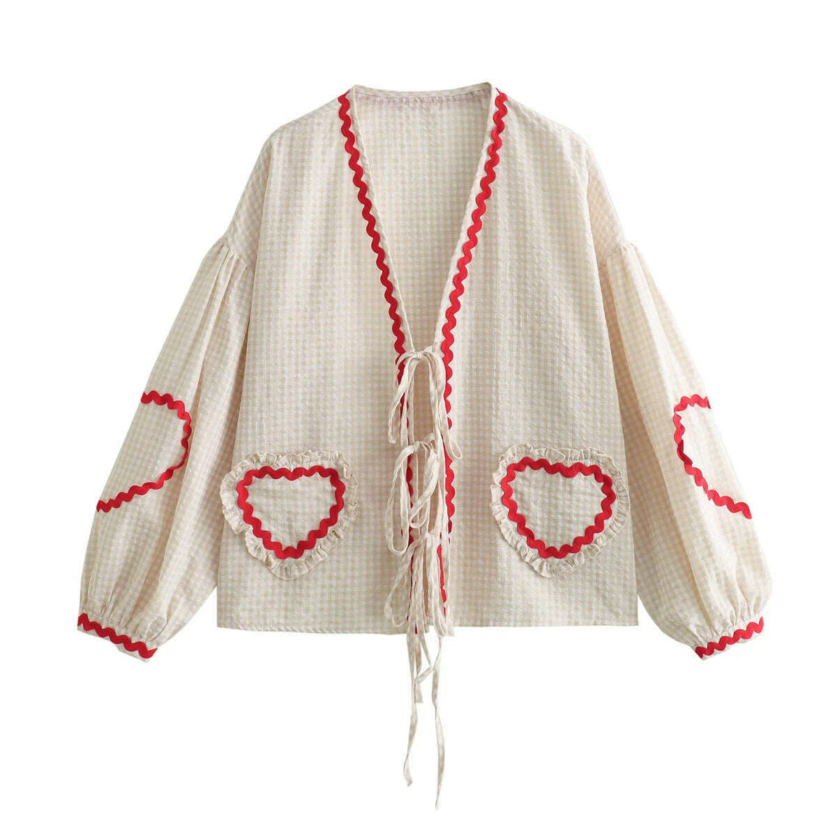 KIMLUD, Vintage Women Loose Heart Pockets Shirts 2024 Fashion Ladies Casual V Neck Bow Buttons Blouses for Female Chic Tops Clothes, WHITE / M / CHINA, KIMLUD APPAREL - Womens Clothes