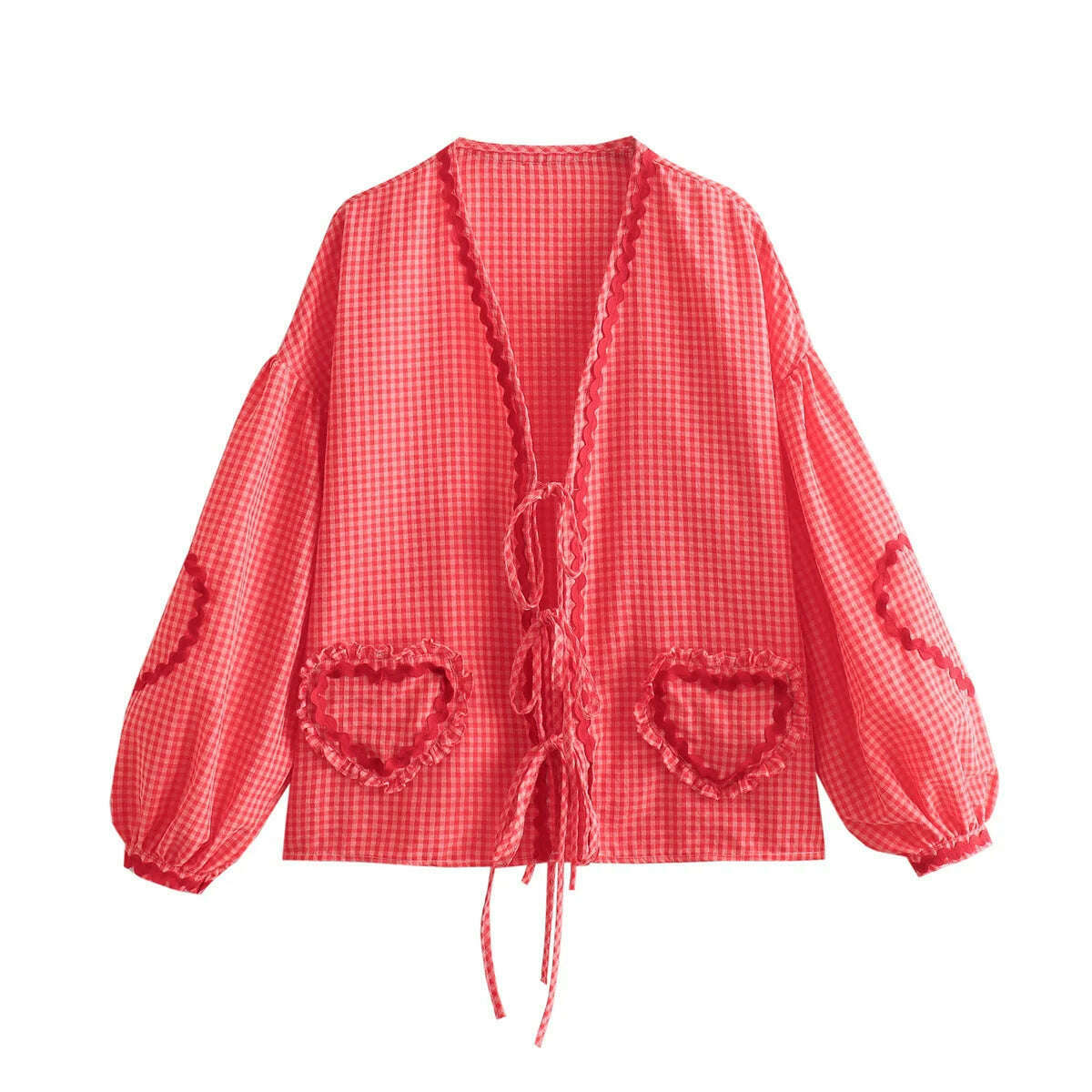 KIMLUD, Vintage Women Loose Heart Pockets Shirts 2024 Fashion Ladies Casual V Neck Bow Buttons Blouses for Female Chic Tops Clothes, ROSERED / L / CHINA, KIMLUD APPAREL - Womens Clothes