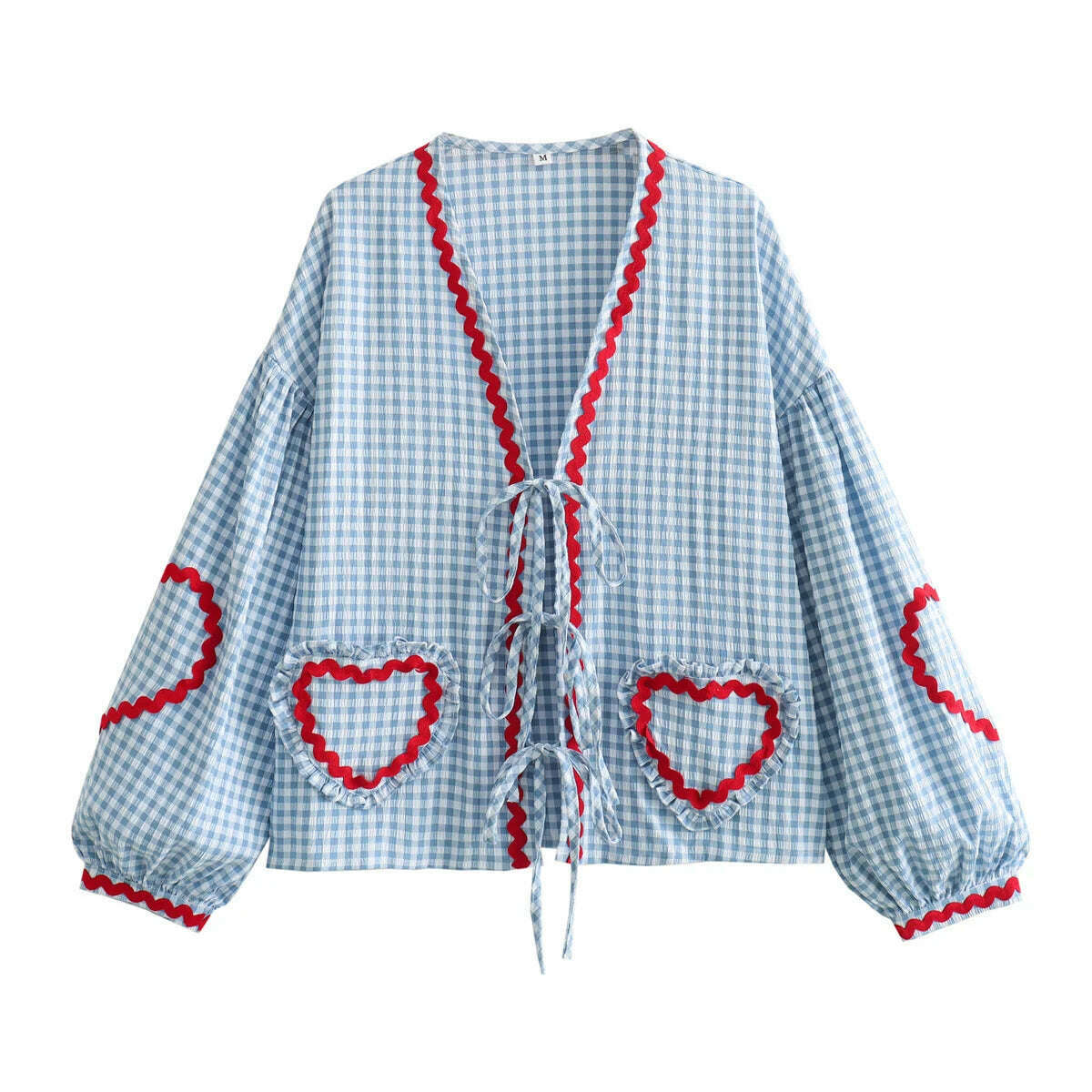 KIMLUD, Vintage Women Loose Heart Pockets Shirts 2024 Fashion Ladies Casual V Neck Bow Buttons Blouses for Female Chic Tops Clothes, BLUE / M / CHINA, KIMLUD APPAREL - Womens Clothes