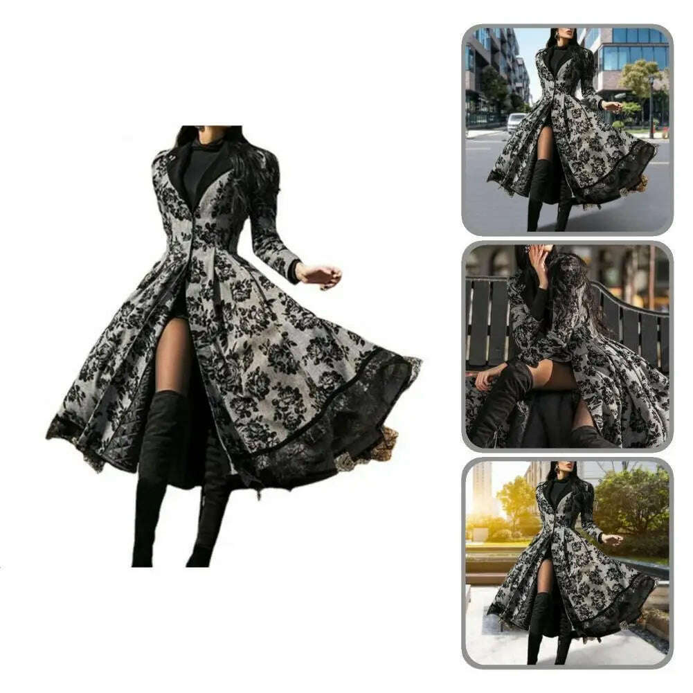 KIMLUD, Vintage Women's Dresses Fall Winter Lace Seamed Floral Print Dress Vintage Bodysuit Midi Dress Mid-Century Elegant Dress, KIMLUD Womens Clothes