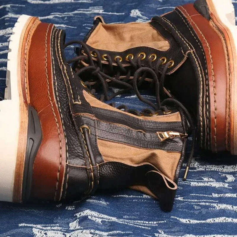 VISVIM Men's Outdoor Hiking Boots Vintage Men's Casual Leather Shoes Thick Sole Boots for Men Hiking Boots - KIMLUD