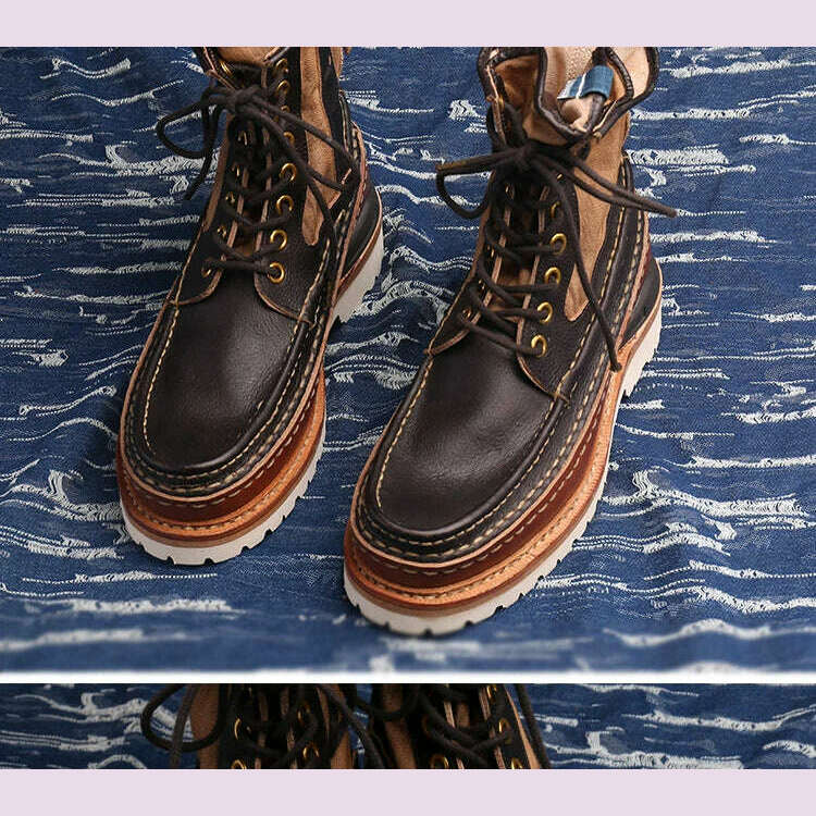 VISVIM Men's Outdoor Hiking Boots Vintage Men's Casual Leather Shoes Thick Sole Boots for Men Hiking Boots - KIMLUD