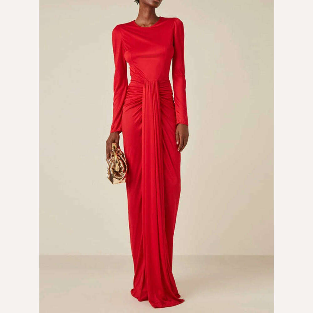 VKBN News Party Evening Dresses Female Casual Belt Red Banquet Formal Occasion Maxi Dress for Wedding Guest Women - KIMLUD