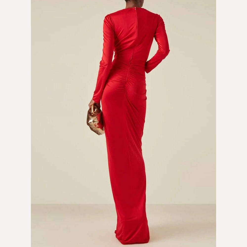 VKBN News Party Evening Dresses Female Casual Belt Red Banquet Formal Occasion Maxi Dress for Wedding Guest Women - KIMLUD