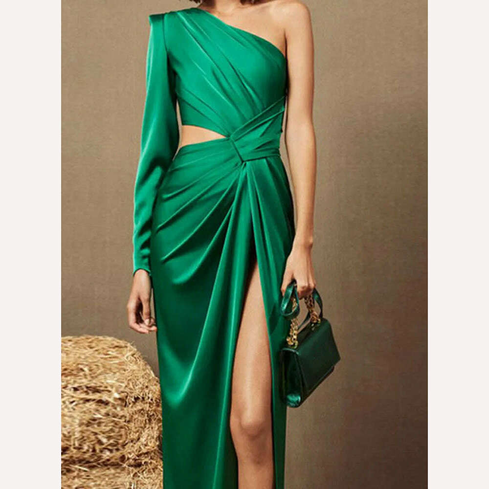 VKBN Spring Autumn Party Evening Dresses Green Folds Diagonal Collar One Sleeve Fashion New 2023 Maxi Dress Women - KIMLUD