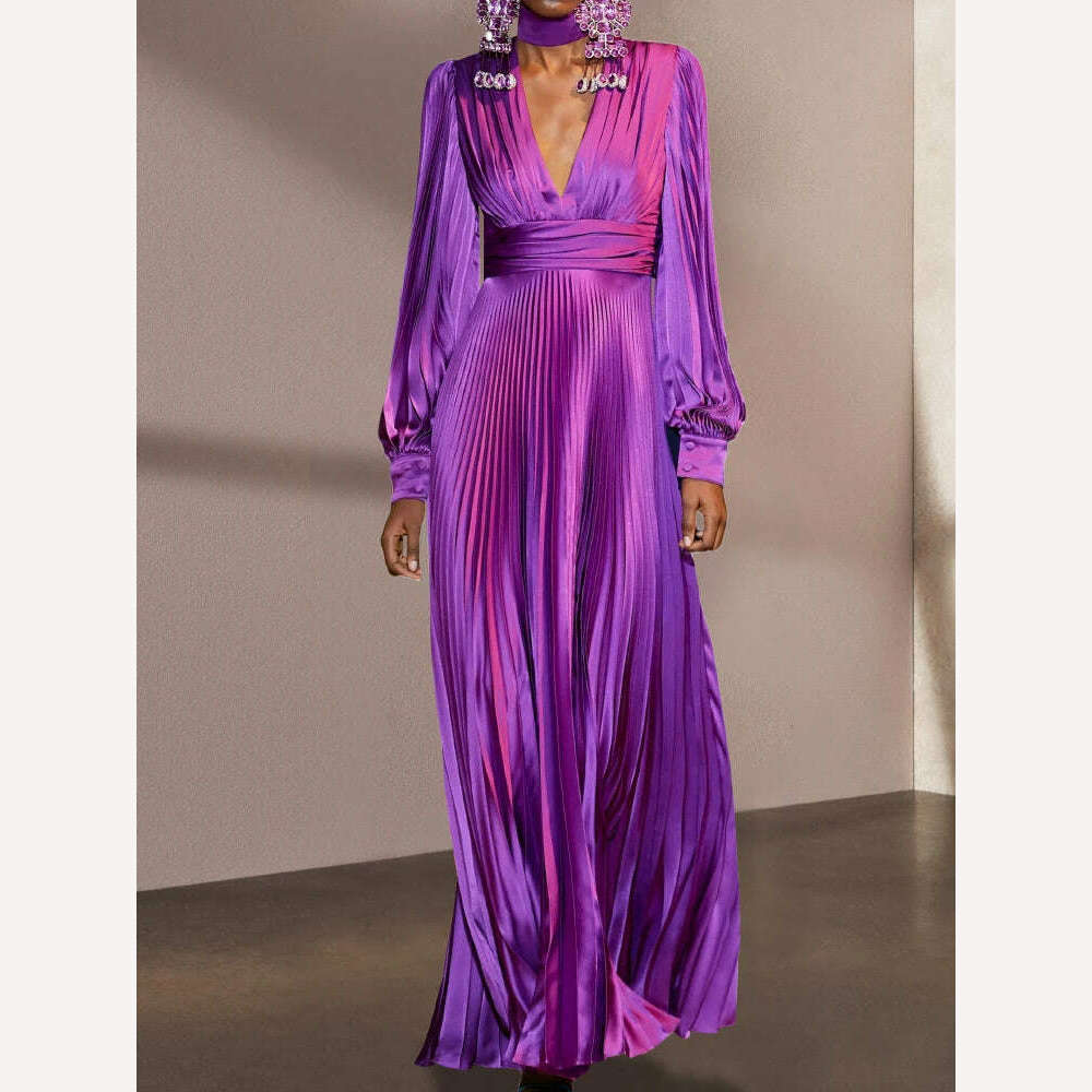 KIMLUD, VKBN Spring Summer News Evening Dresses Full Lantern Sleeve Purple Occasion Stylish Design Banquet Draped Dress, KIMLUD Womens Clothes