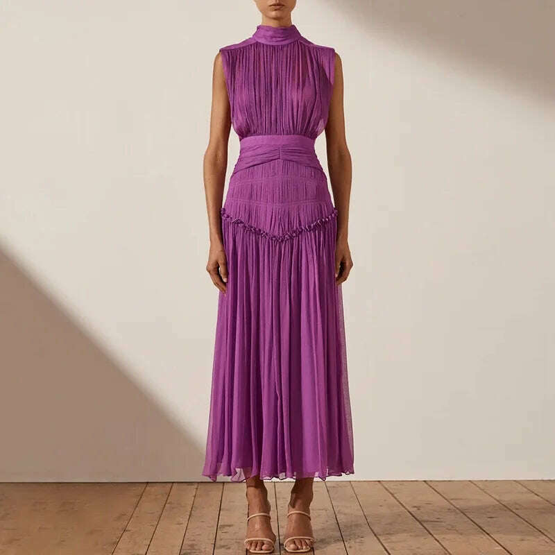 KIMLUD, VKBN Summer Dress Women Casual Half High Collar Sleeveless Ruched Stylish and Elegant Party Maxi Dress, Purple / S, KIMLUD Women's Clothes
