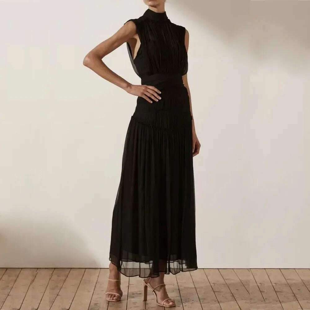 KIMLUD, VKBN Summer Dress Women Casual Half High Collar Sleeveless Ruched Stylish and Elegant Party Maxi Dress, KIMLUD Women's Clothes