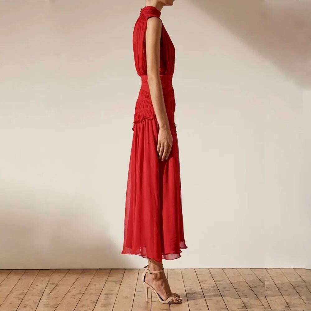 KIMLUD, VKBN Summer Dress Women Casual Half High Collar Sleeveless Ruched Stylish and Elegant Party Maxi Dress, KIMLUD Womens Clothes