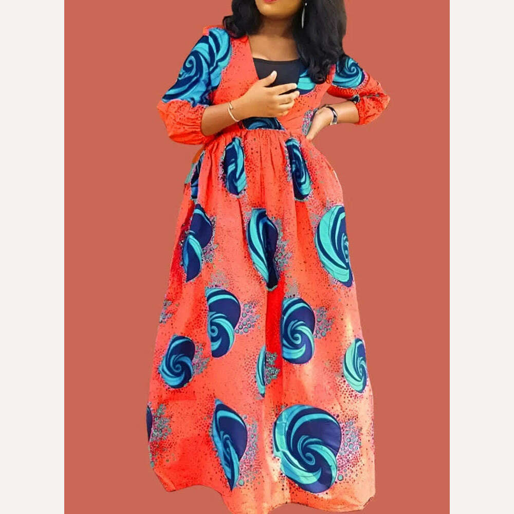 KIMLUD, VONDA Oversized Women Maxi Dress 2023 Summer Sundress Sexy V Neck Bohemian Printed Long Vestidos 3/4 Sleeve Casual Party Robe, L / Orange, KIMLUD APPAREL - Womens Clothes