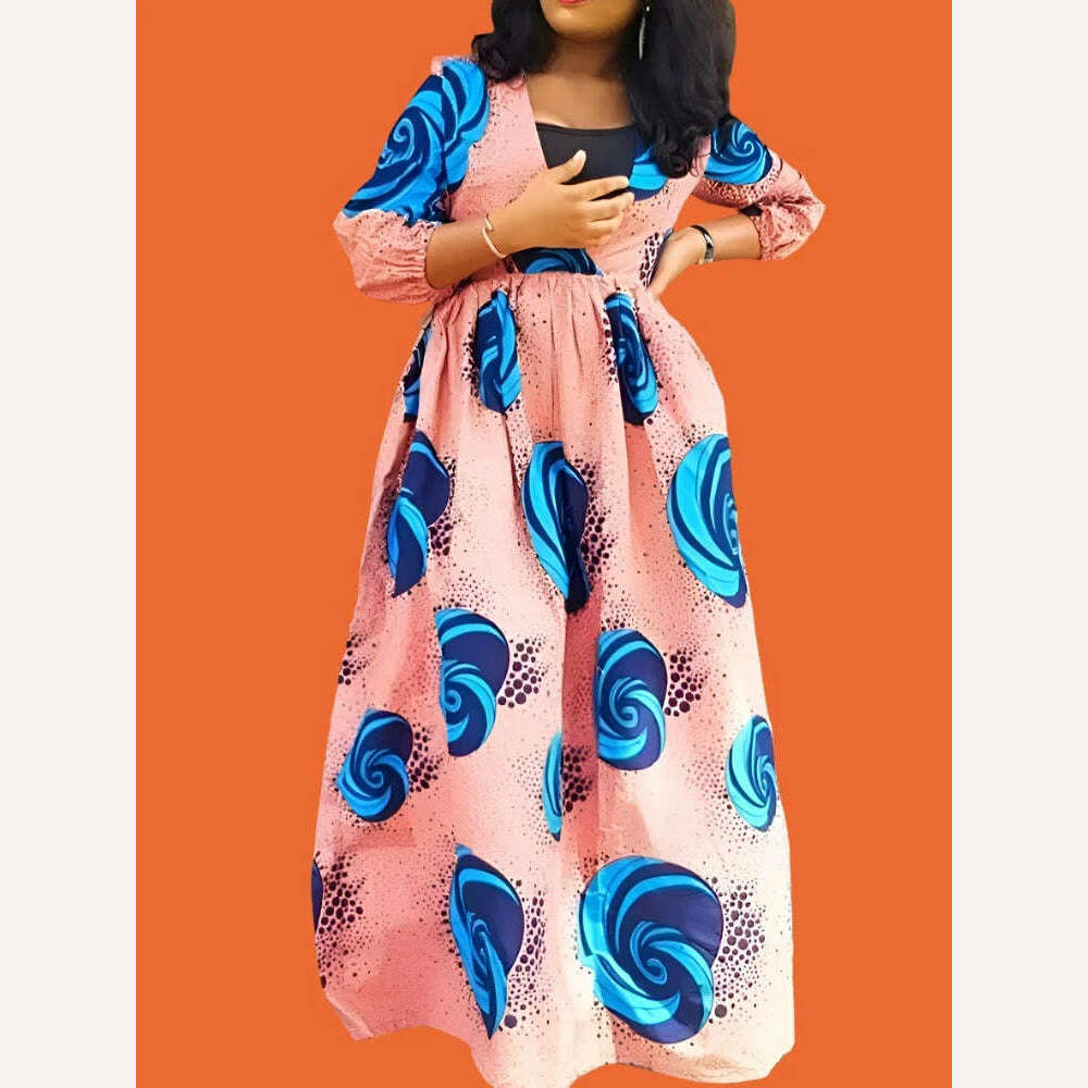 KIMLUD, VONDA Oversized Women Maxi Dress 2023 Summer Sundress Sexy V Neck Bohemian Printed Long Vestidos 3/4 Sleeve Casual Party Robe, XXL / Pink, KIMLUD APPAREL - Womens Clothes