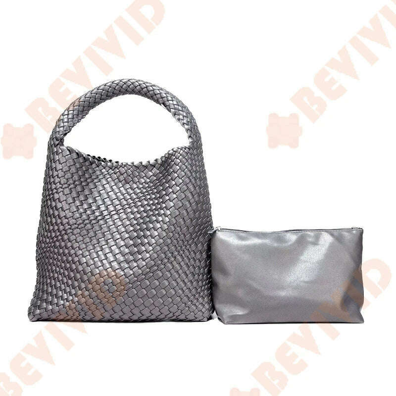 KIMLUD, WASUN 2022 Luxury Designer Woven Tote Bags For Women Shopping Bag New Style Fashion Large Capacity Shoulder Bag Casual Handbag, Silver, KIMLUD APPAREL - Womens Clothes