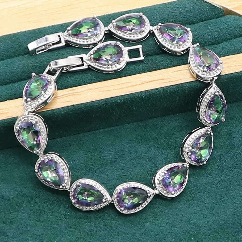 KIMLUD, Water Drop Rainbow Topaz 925 Silver Wedding Jewelry set for Women Party Bracelet Earrings Necklace pendant Ring, KIMLUD Womens Clothes