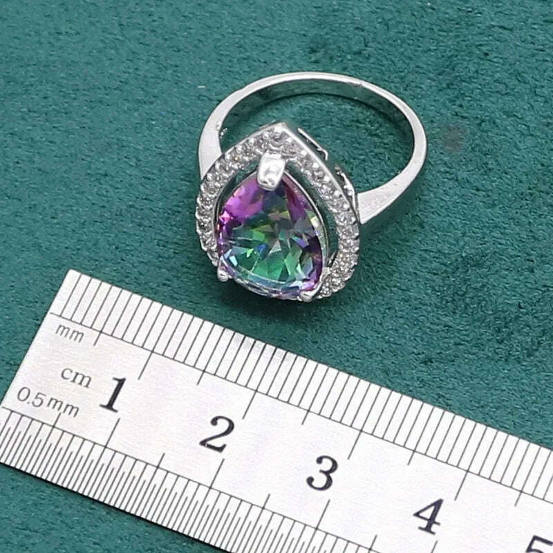 KIMLUD, Water Drop Rainbow Topaz 925 Silver Wedding Jewelry set for Women Party Bracelet Earrings Necklace pendant Ring, KIMLUD Womens Clothes