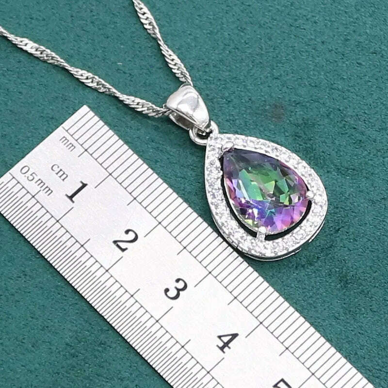 KIMLUD, Water Drop Rainbow Topaz 925 Silver Wedding Jewelry set for Women Party Bracelet Earrings Necklace pendant Ring, KIMLUD Womens Clothes