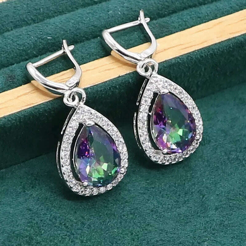 KIMLUD, Water Drop Rainbow Topaz 925 Silver Wedding Jewelry set for Women Party Bracelet Earrings Necklace pendant Ring, KIMLUD Womens Clothes