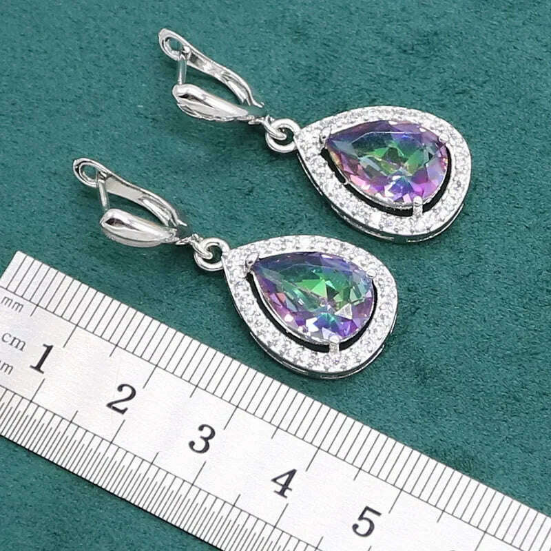 KIMLUD, Water Drop Rainbow Topaz 925 Silver Wedding Jewelry set for Women Party Bracelet Earrings Necklace pendant Ring, KIMLUD Womens Clothes
