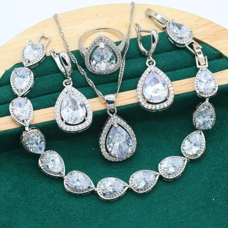 KIMLUD, Water Drop Rainbow Topaz 925 Silver Wedding Jewelry set for Women Party Bracelet Earrings Necklace pendant Ring, White 4pcs / 10, KIMLUD APPAREL - Womens Clothes