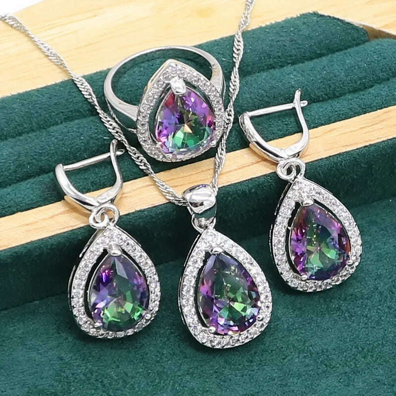 KIMLUD, Water Drop Rainbow Topaz 925 Silver Wedding Jewelry set for Women Party Bracelet Earrings Necklace pendant Ring, 3pcs / 9, KIMLUD APPAREL - Womens Clothes